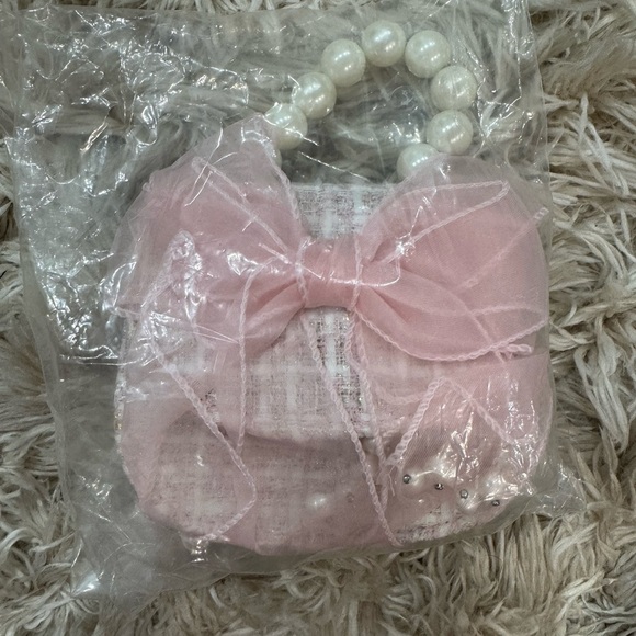 Mini Pink Tweed Bow Pearl Handle Purse - Picture 3 of 6